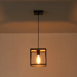 Aged Oak Iron Square Cage Single Kitchen Pendant Light