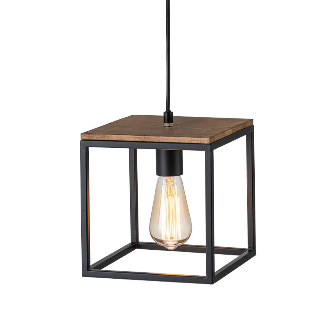 Aged Oak Iron Square Cage Single Kitchen Pendant Light