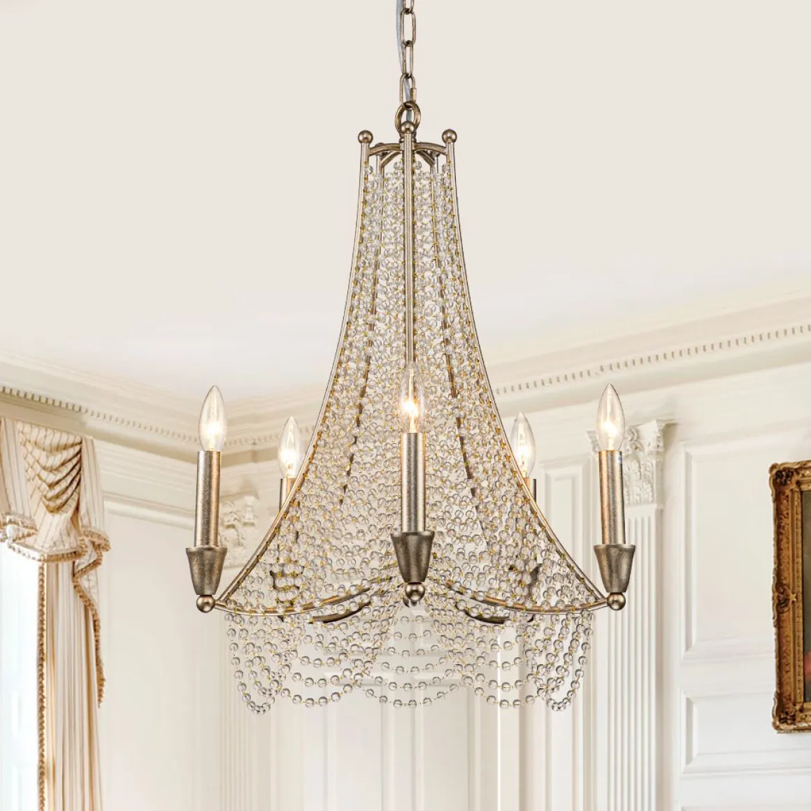 Antique Candle Style Crystal Bead Empire Chandelier