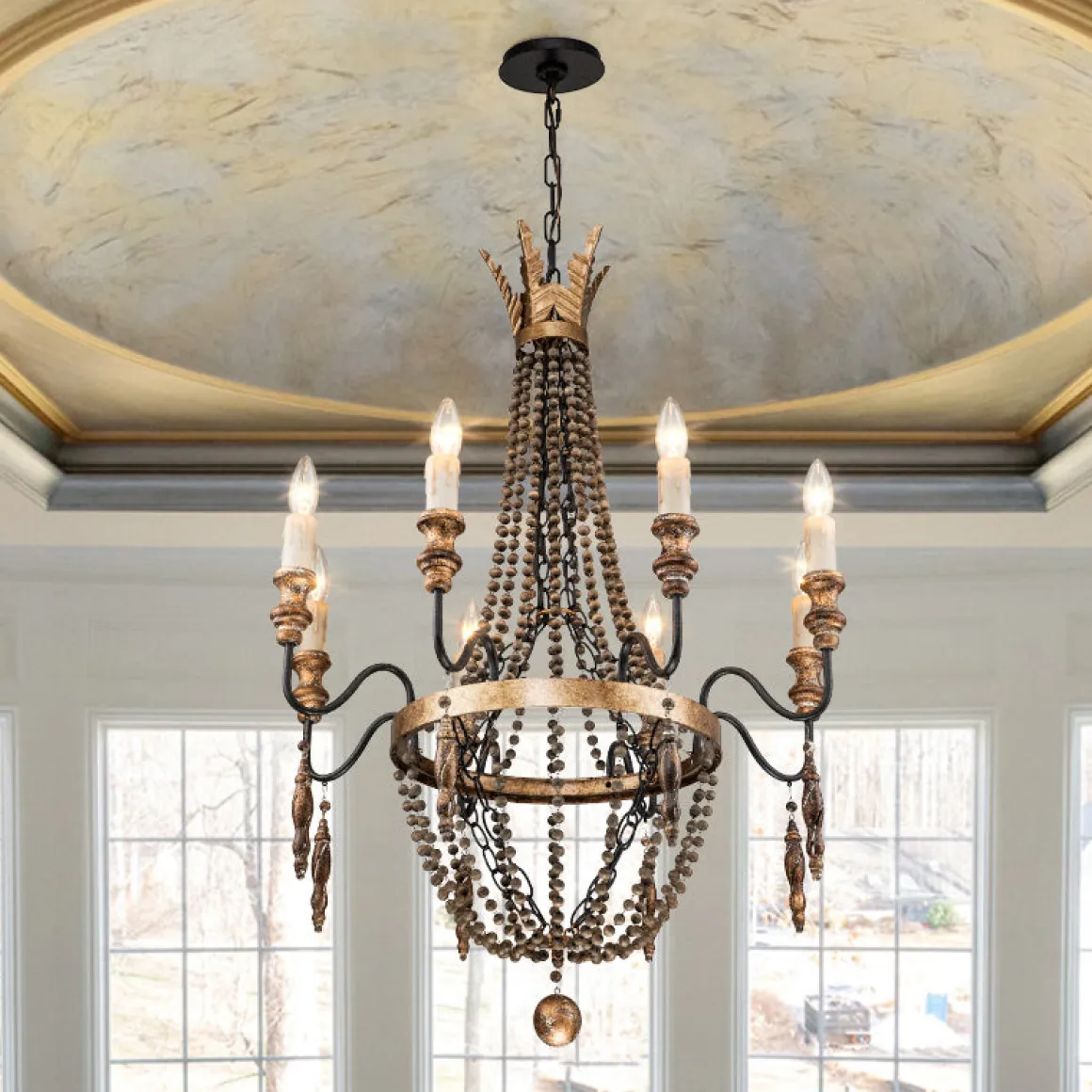 Antique Wood Beaded Empire Chandelier