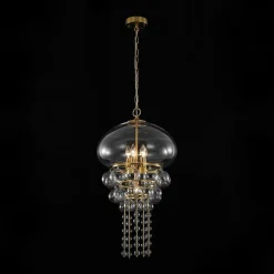Art Deco Brass Tiered Clear Glass Jellyfish Style Chandelier