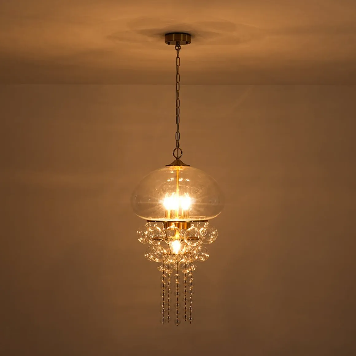 Art Deco Brass Tiered Clear Glass Jellyfish Style Chandelier