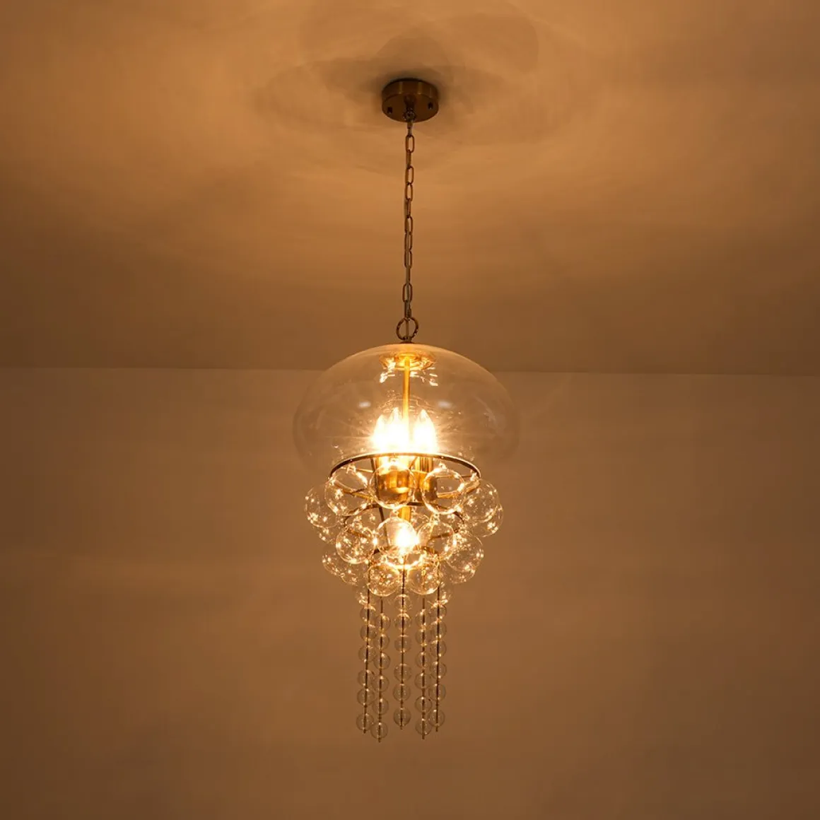 Art Deco Brass Tiered Clear Glass Jellyfish Style Chandelier
