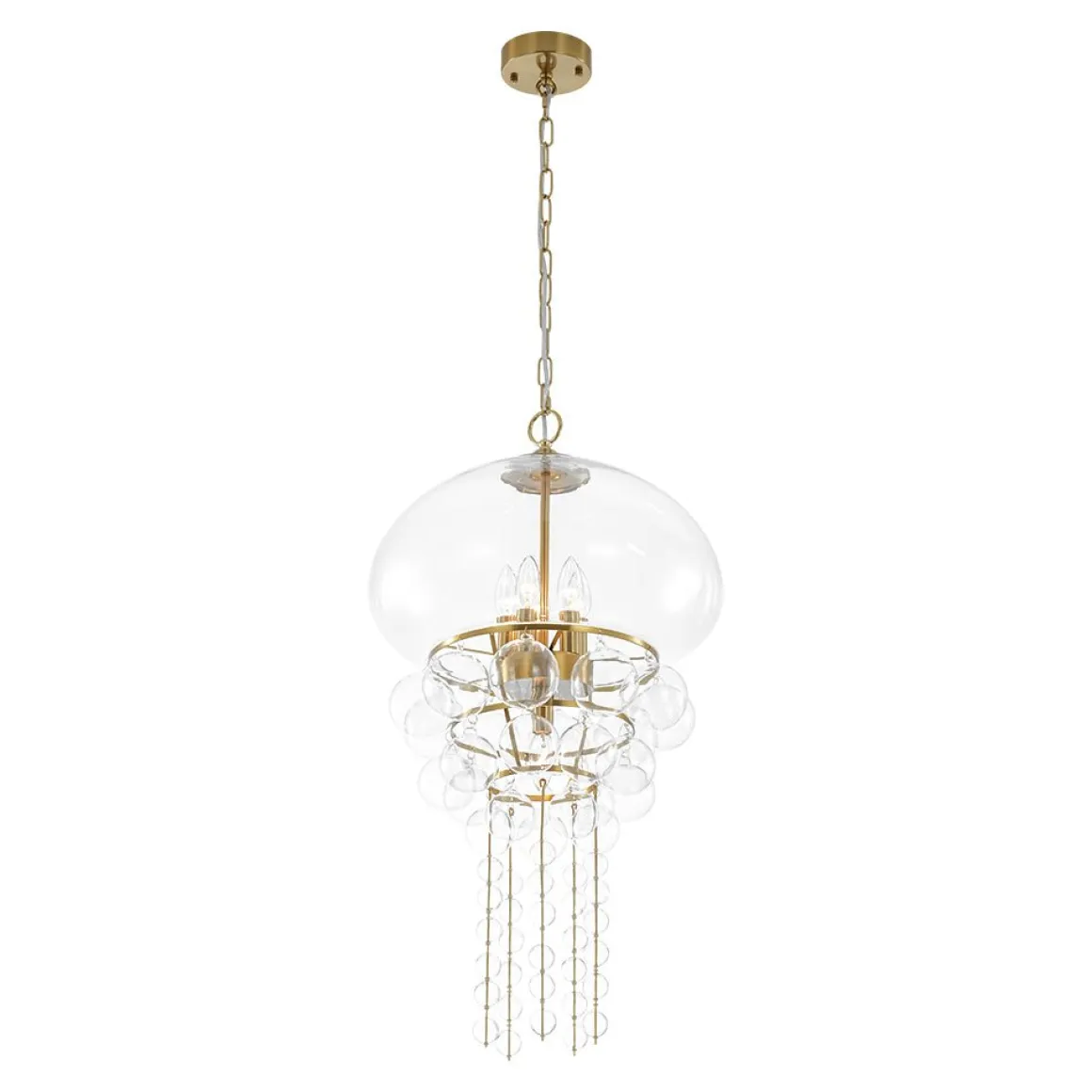 Art Deco Brass Tiered Clear Glass Jellyfish Style Chandelier