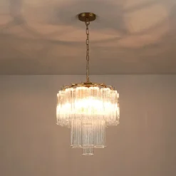 Art Deco Cluster Glass Textured Tube Round Tiered Chandelier