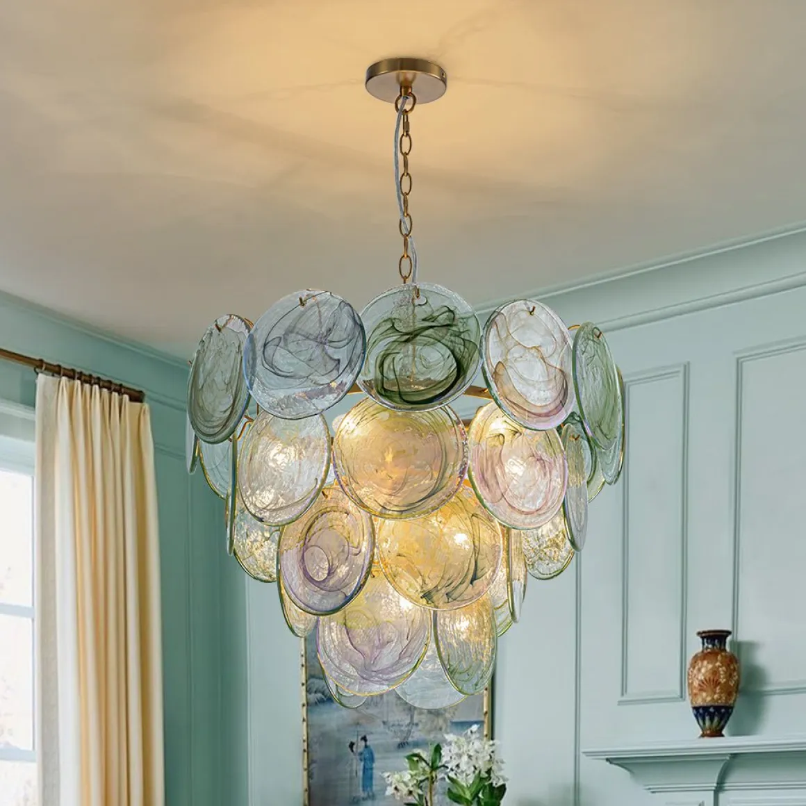 Art Deco Green Iridescent Swirl Glass Tiered Chandelier