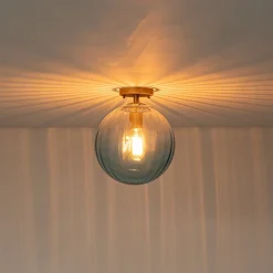 Art Deco 1-Light Blue Ribbed Glass Globe Semi Flush Mount
