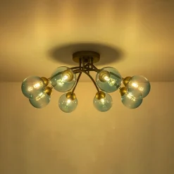 Art Deco 8-Light Sputnik Blue Glass Bubble Semi Flush Mount