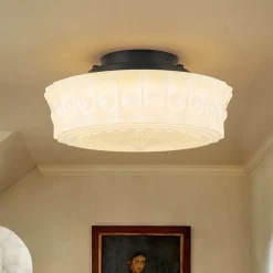 Art Deco Sculptural Milk Glass Schoolhouse LED Ceiling Light
