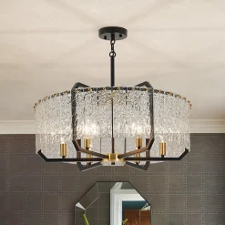 Black Brass 6-Light Rippled Glass Drum Cage Chandelier