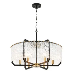 Black Brass 6-Light Rippled Glass Drum Cage Chandelier