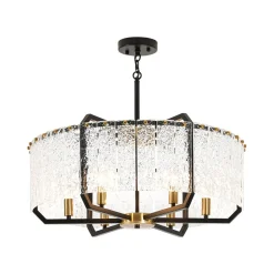 Black Brass 6-Light Rippled Glass Drum Cage Chandelier
