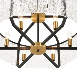 Black Brass 6-Light Rippled Glass Drum Cage Chandelier