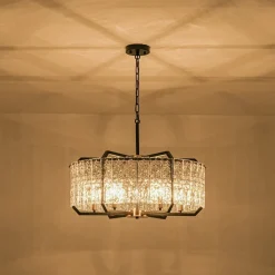 Black Brass 6-Light Rippled Glass Drum Cage Chandelier