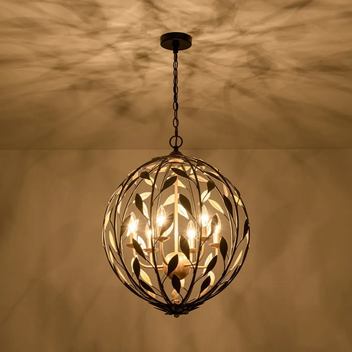 Black Gold Candle Style Leaf Vine Iron Orb Chandelier