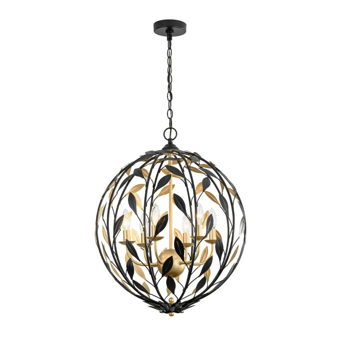 Black Gold Candle Style Leaf Vine Iron Orb Chandelier