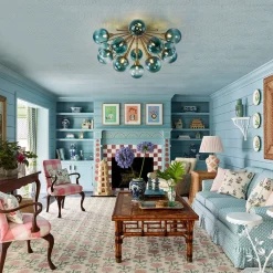 Bloom Blue Glass Bubble Round Sunburst Semi Flush Chandelier