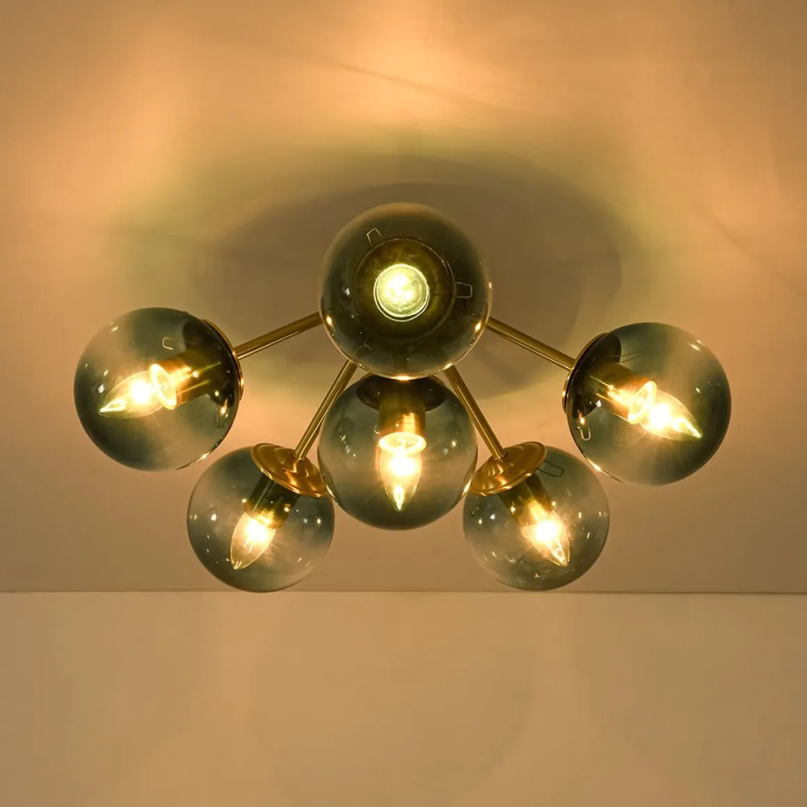 Bloom Brass Blue Glass Bubble Semi Flush Chandelier