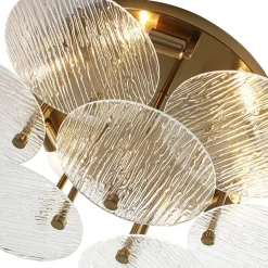 Bloom Brass 6-Light Tiered Rippled Glass Round Semi Flush Mount