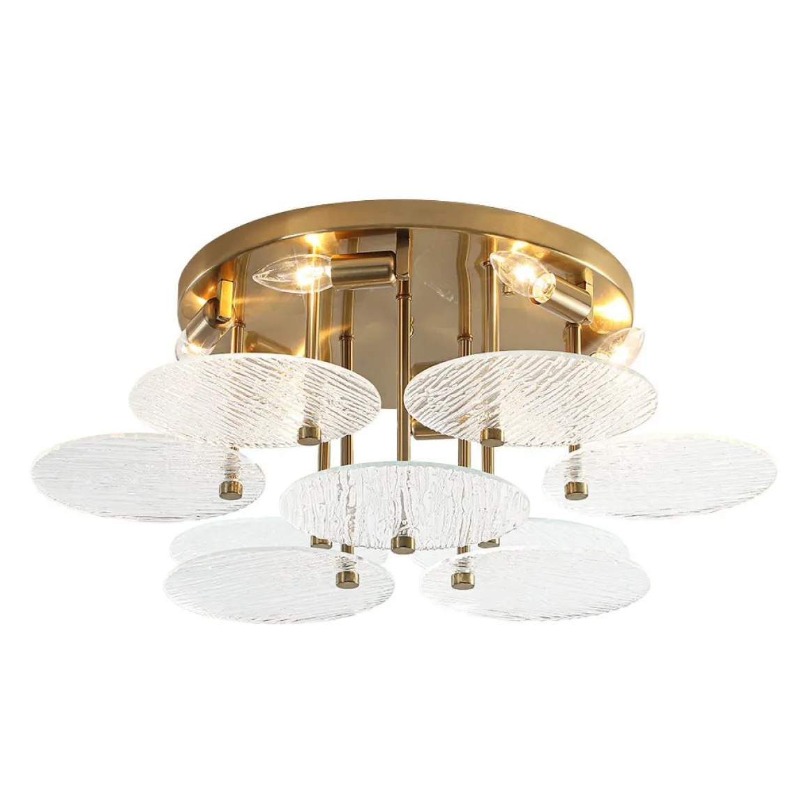 Bloom Brass 6-Light Tiered Rippled Glass Round Semi Flush Mount