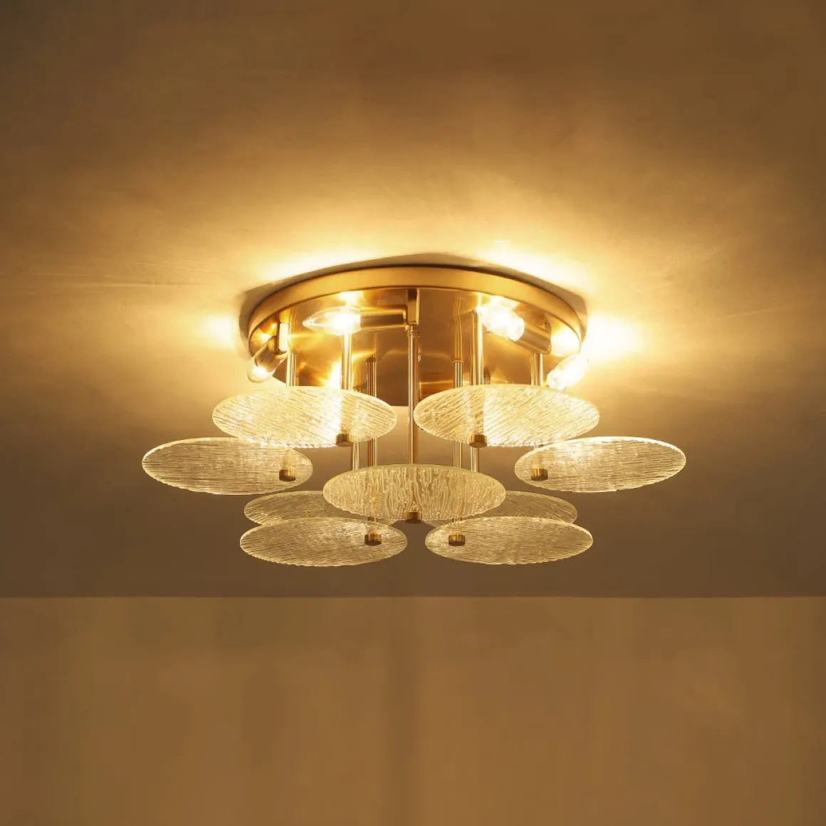 Bloom Brass 6-Light Tiered Rippled Glass Round Semi Flush Mount