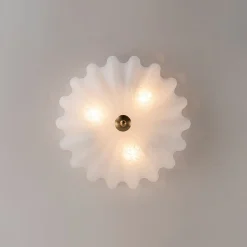 Boho Pleated Flower White Crackled Glass Semi Flush