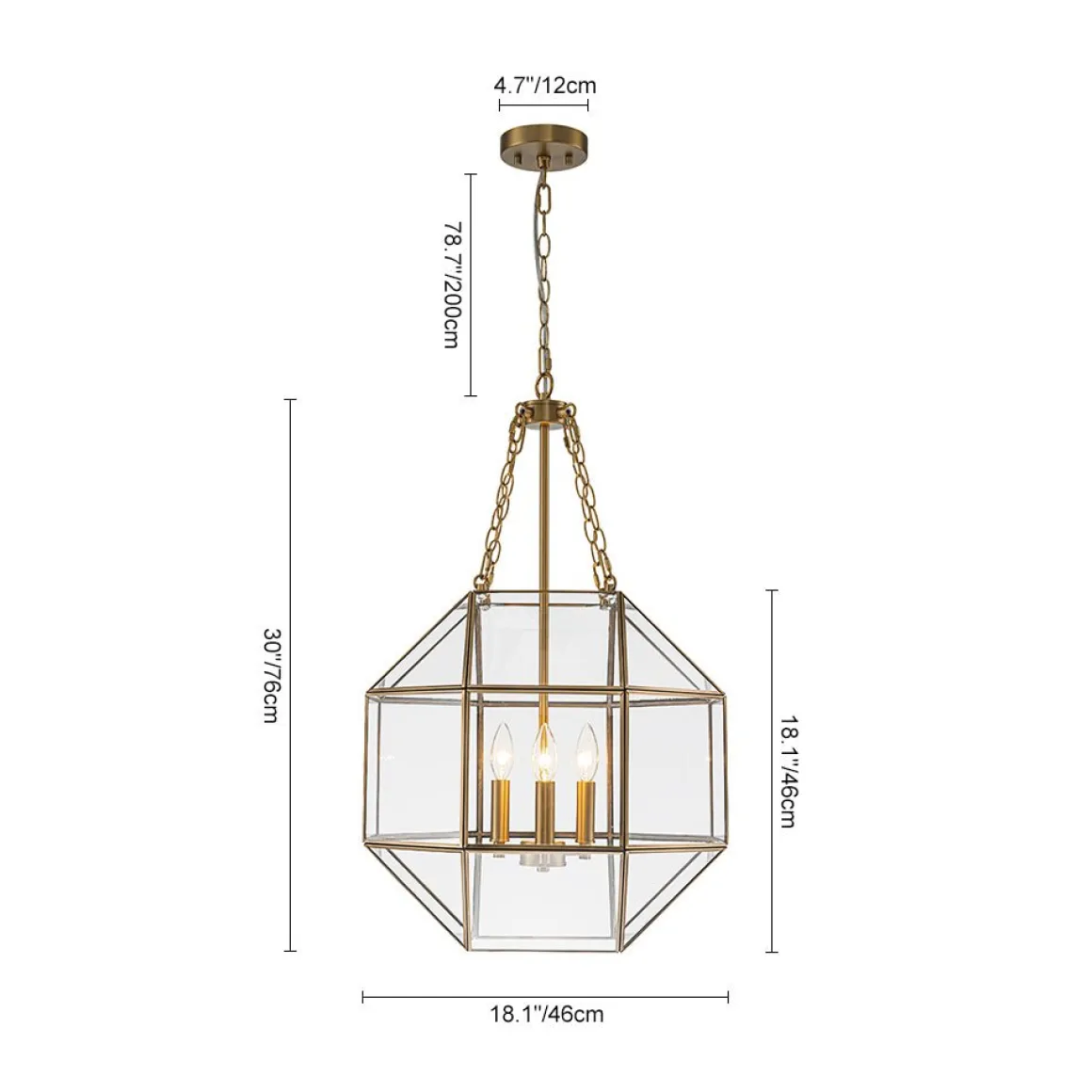 Brass Clear Glass Geometric Cube Lantern Pendant Light
