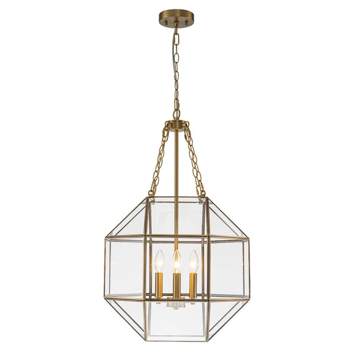 Brass Clear Glass Geometric Cube Lantern Pendant Light