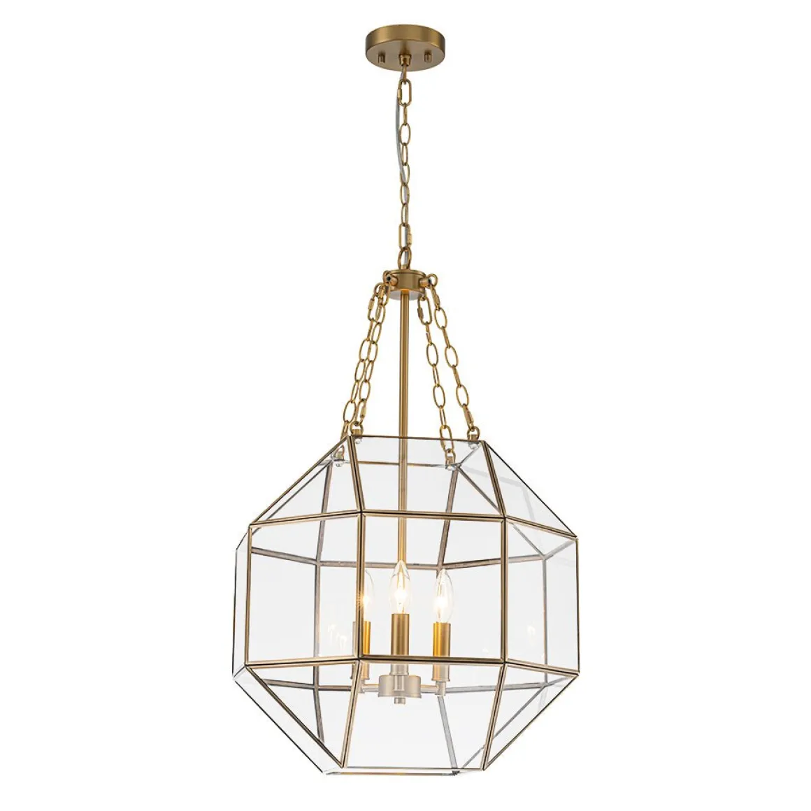 Brass Clear Glass Geometric Cube Lantern Pendant Light