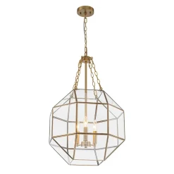 Brass Clear Glass Geometric Cube Lantern Pendant Light