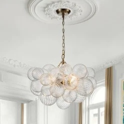Brass Cluster Ribbed Glass Globe Bubble Chandelier