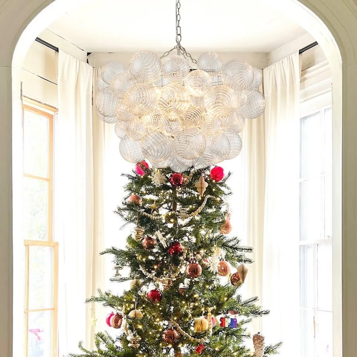 Brass Cluster Ribbed Glass Globe Bubble Chandelier