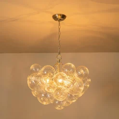 Brass Cluster Ribbed Glass Globe Bubble Chandelier