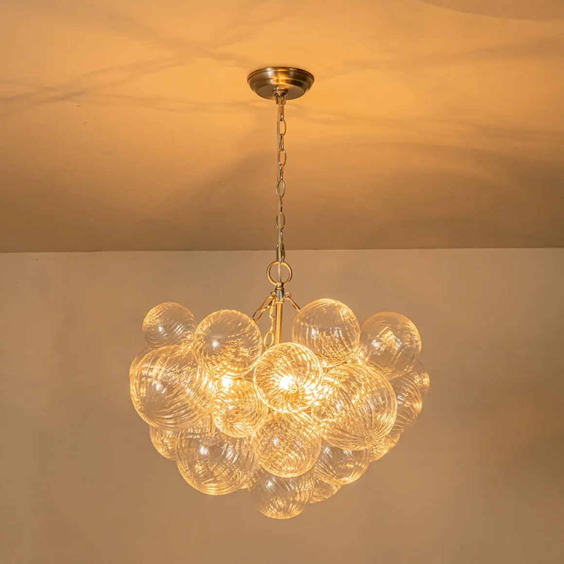 Brass Cluster Ribbed Glass Globe Bubble Chandelier