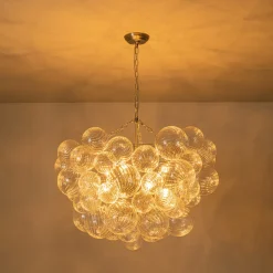 Brass Cluster Ribbed Glass Globe Bubble Chandelier