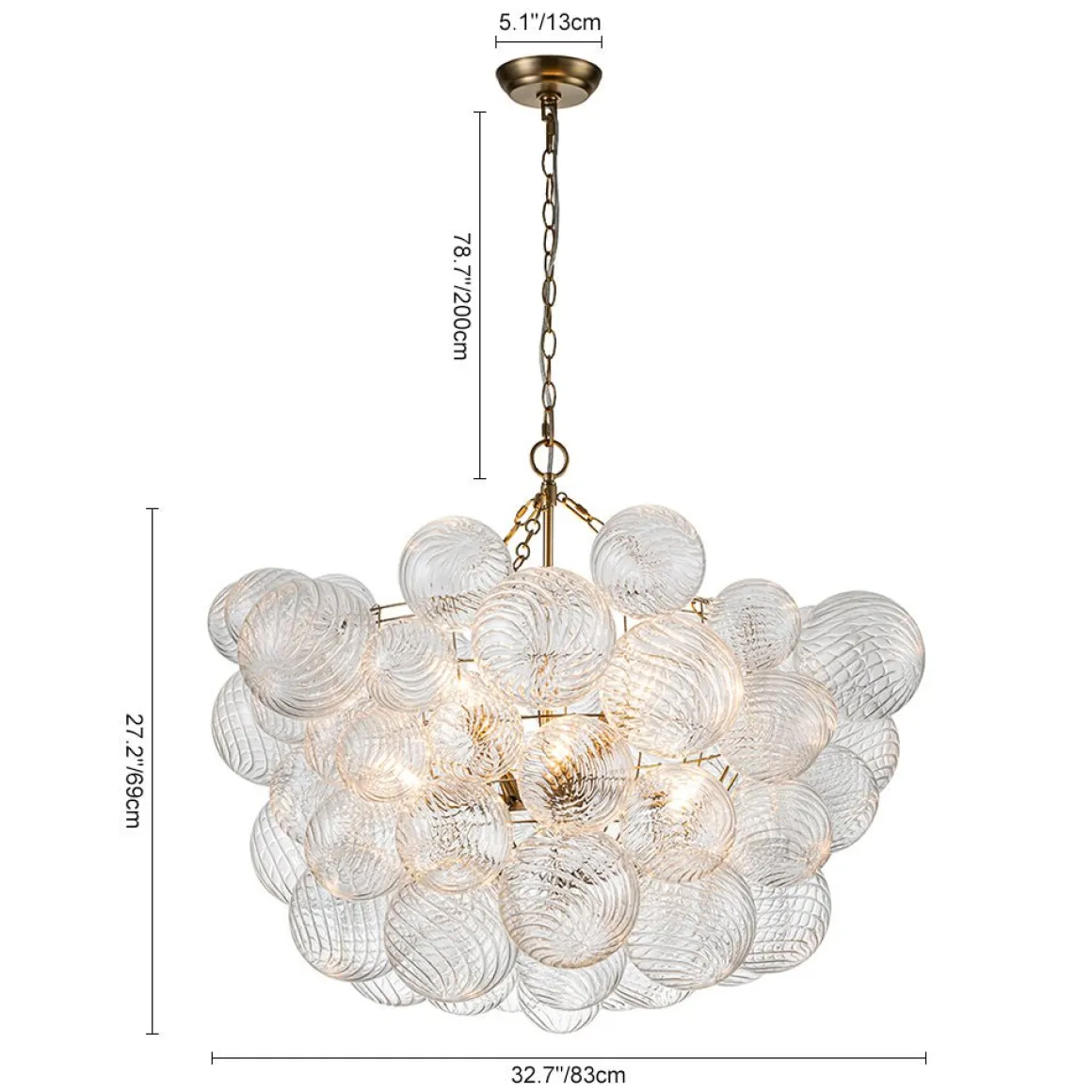 Brass Cluster Ribbed Glass Globe Bubble Chandelier