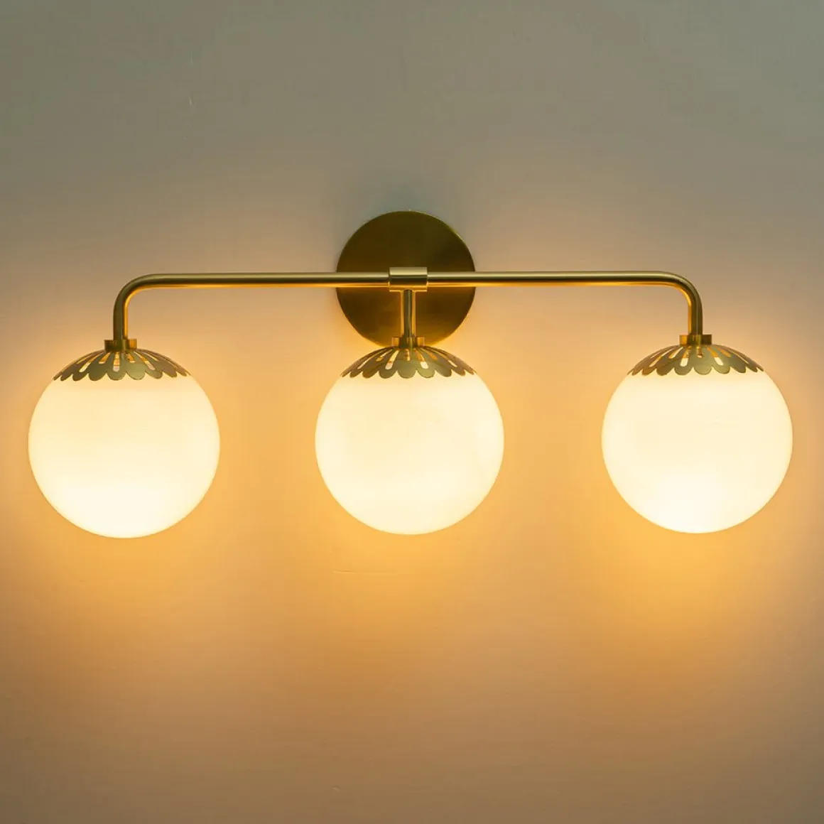 Brass Daisy 3-Light Opal Glass Globe Vanity Light