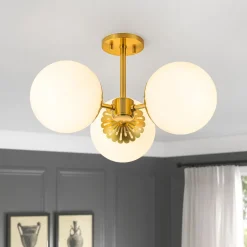 Brass Daisy 3-Light Opal Glass Globe Semi Flush Light