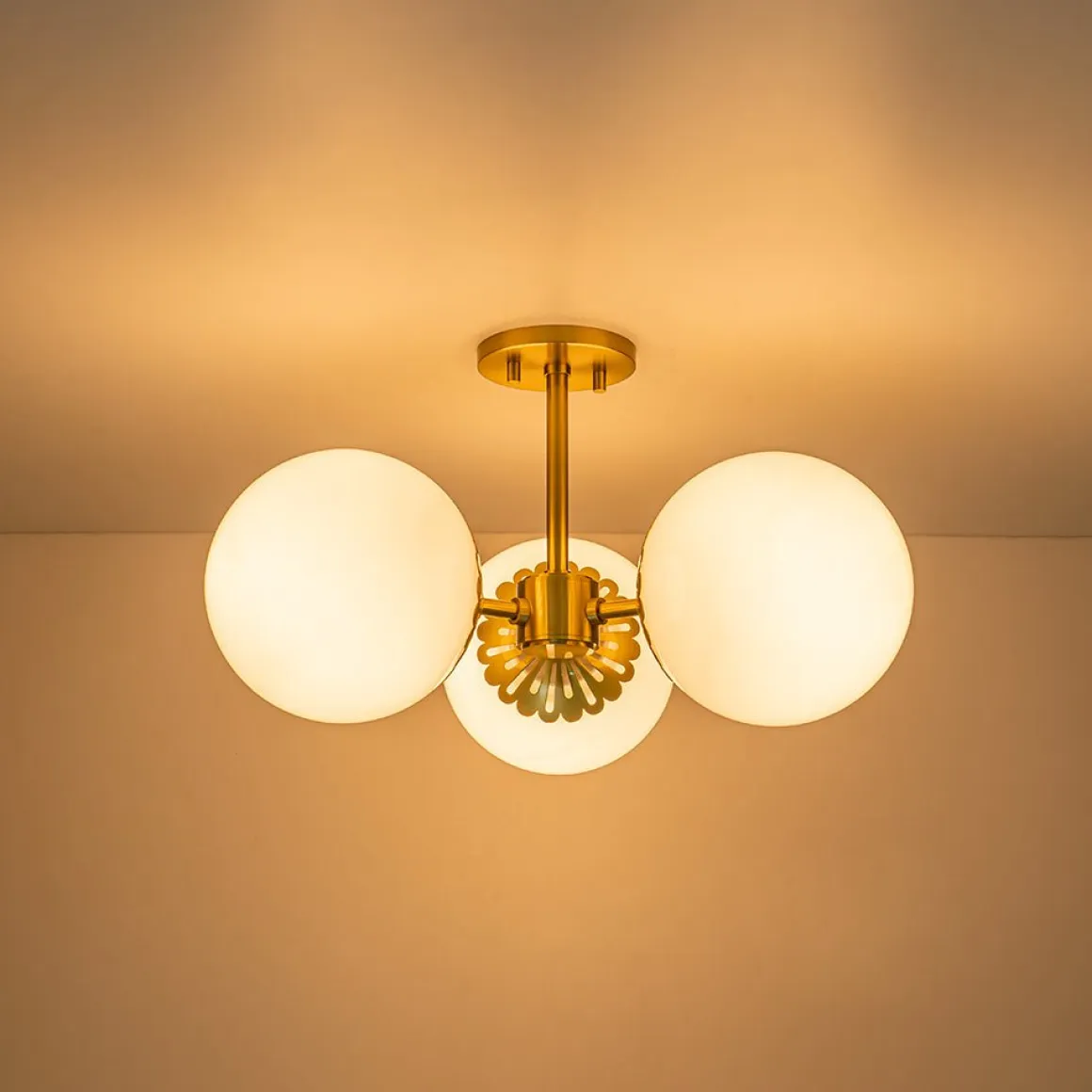 Brass Daisy 3-Light Opal Glass Globe Semi Flush Light