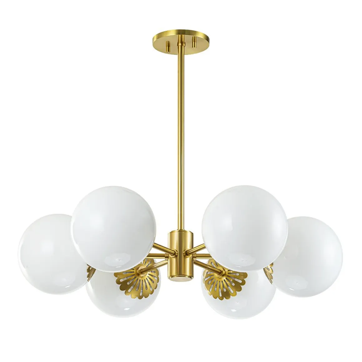 Brass Daisy Tiered Opal Glass Globe Sputnik Chandelier