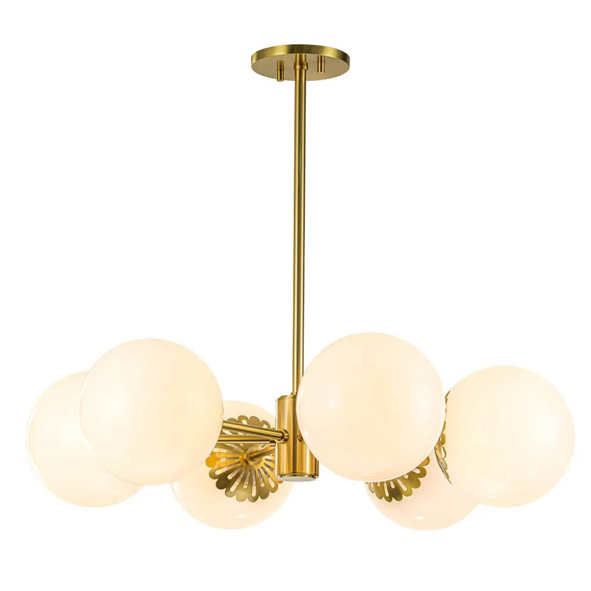 Brass Daisy Tiered Opal Glass Globe Sputnik Chandelier