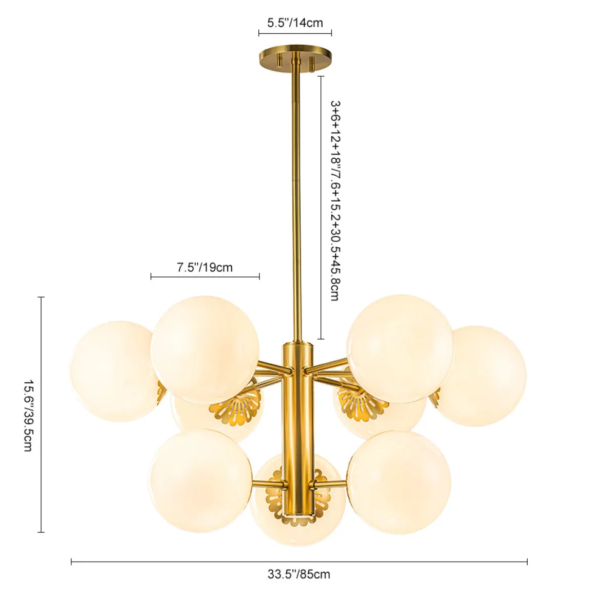Brass Daisy Tiered Opal Glass Globe Sputnik Chandelier