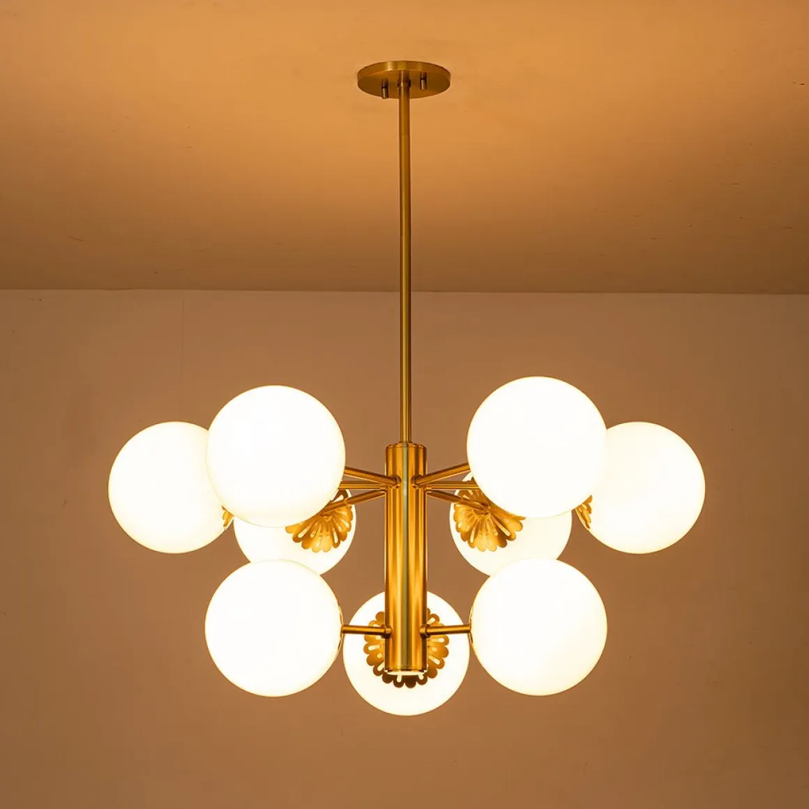 Brass Daisy Tiered Opal Glass Globe Sputnik Chandelier