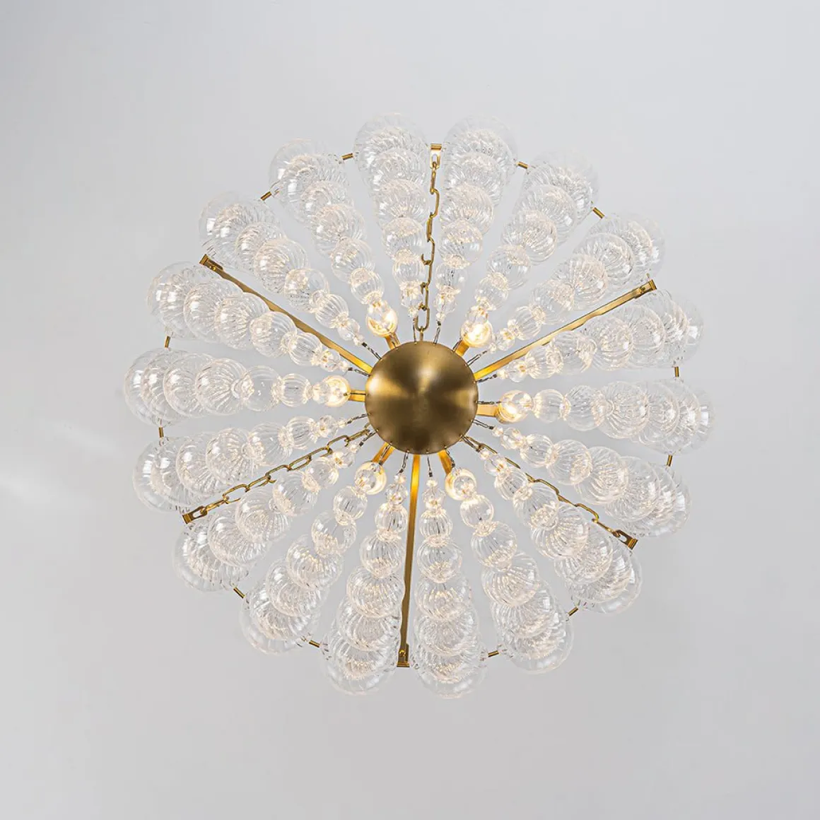 Brass Draped Ribbed Glass Bubble Round Pendant Chandelier