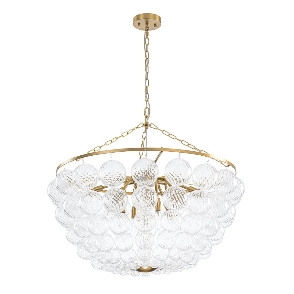 Brass Draped Ribbed Glass Bubble Round Pendant Chandelier
