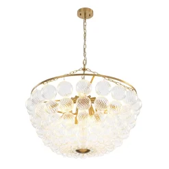Brass Draped Ribbed Glass Bubble Round Pendant Chandelier