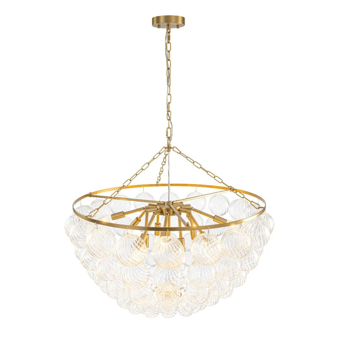 Brass Draped Ribbed Glass Bubble Round Pendant Chandelier