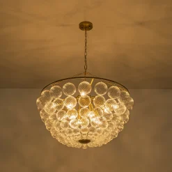 Brass Draped Ribbed Glass Bubble Round Pendant Chandelier