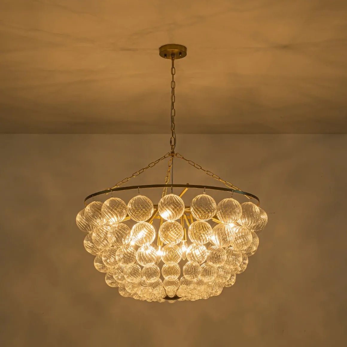 Brass Draped Ribbed Glass Bubble Round Pendant Chandelier