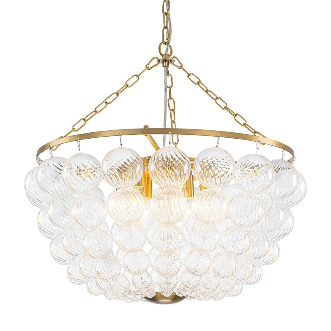 Brass Draped Ribbed Glass Bubble Round Pendant Chandelier